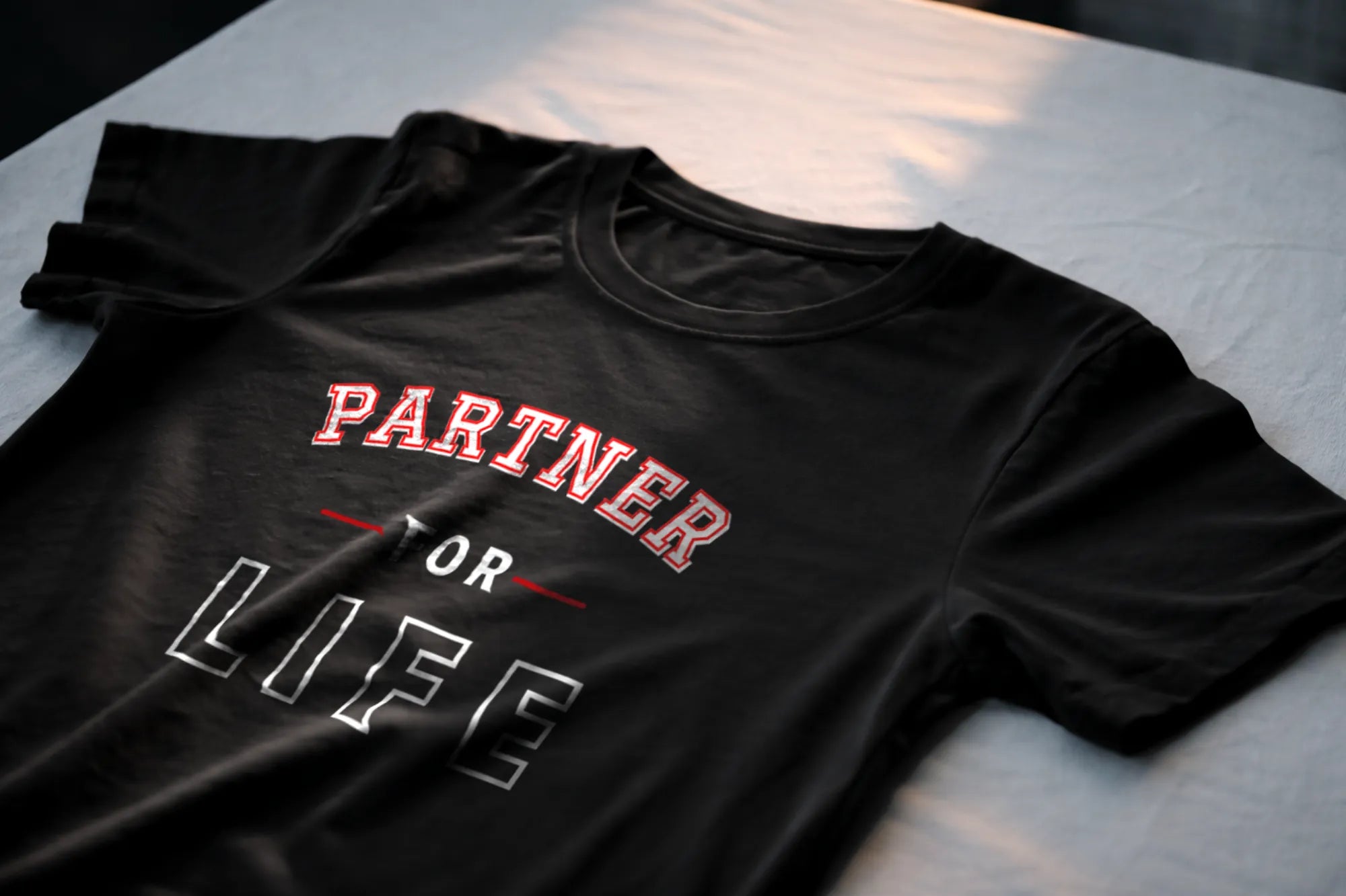 Partner For Life Varsity Outline – Romantic Relationship Statement Tee