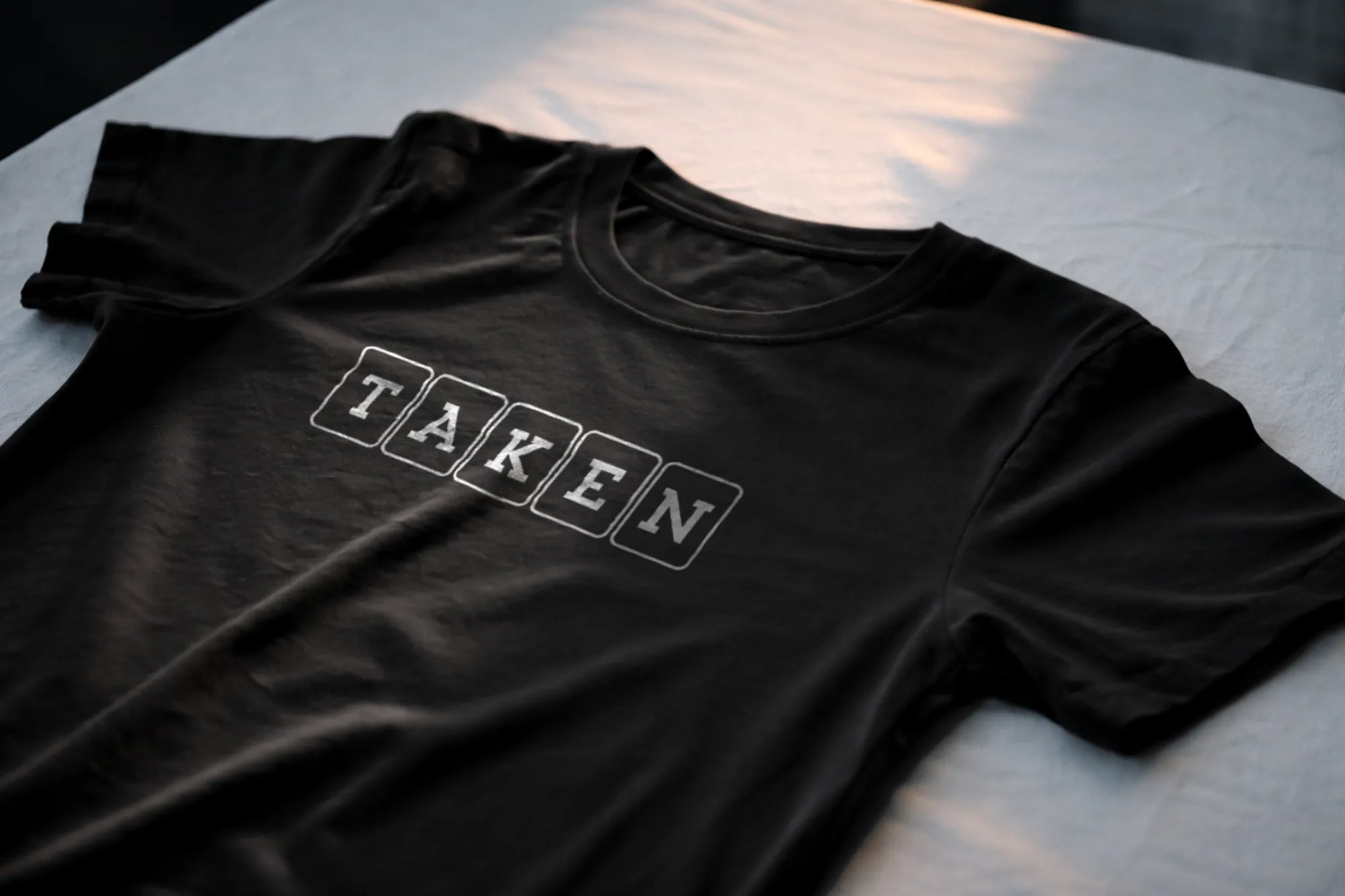Taken Relationship Shirt – Minimal Boxed Letter Statement Tee